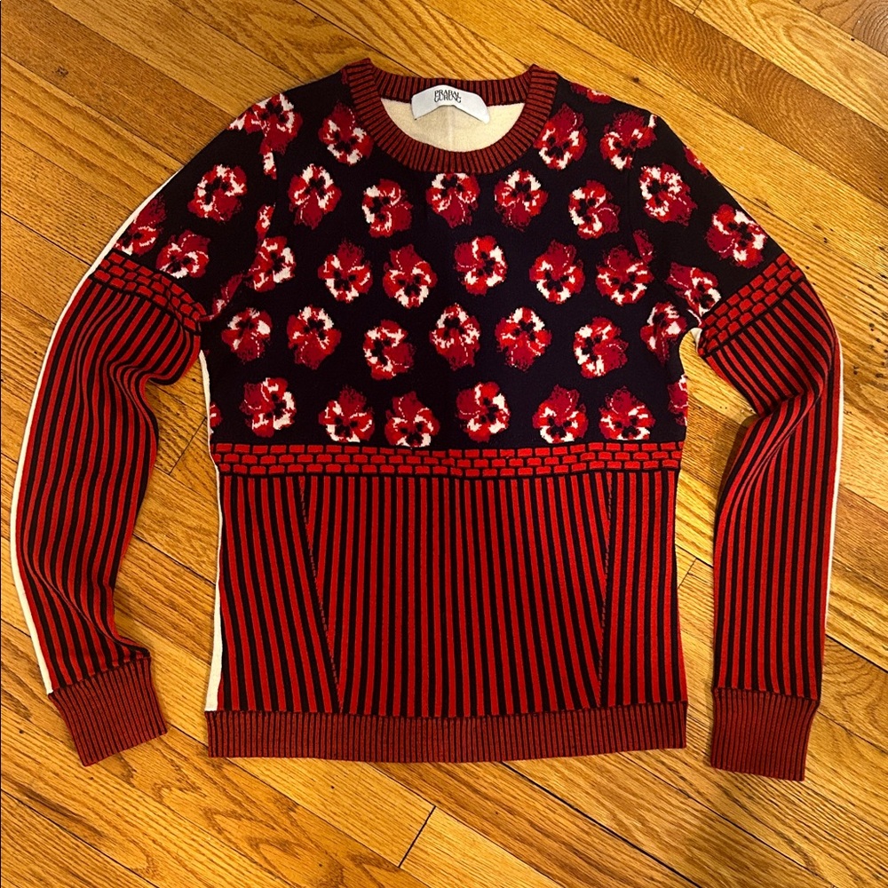 Prabal Gurung Floral and Striped Crew Neck Sweater
